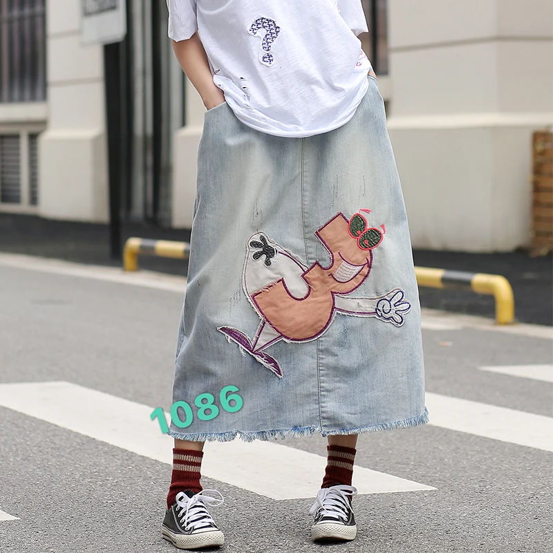 2019 spring summer digital cartoon stitch pocket Retro Elastic waist denim A-Line skirt mori girl | Женская одежда
