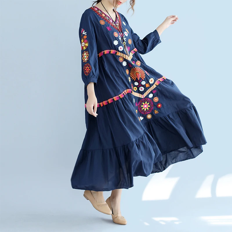 Платье женское винтажное с рукавом три четверти и цветочной вышивкой|linen dress|cotton