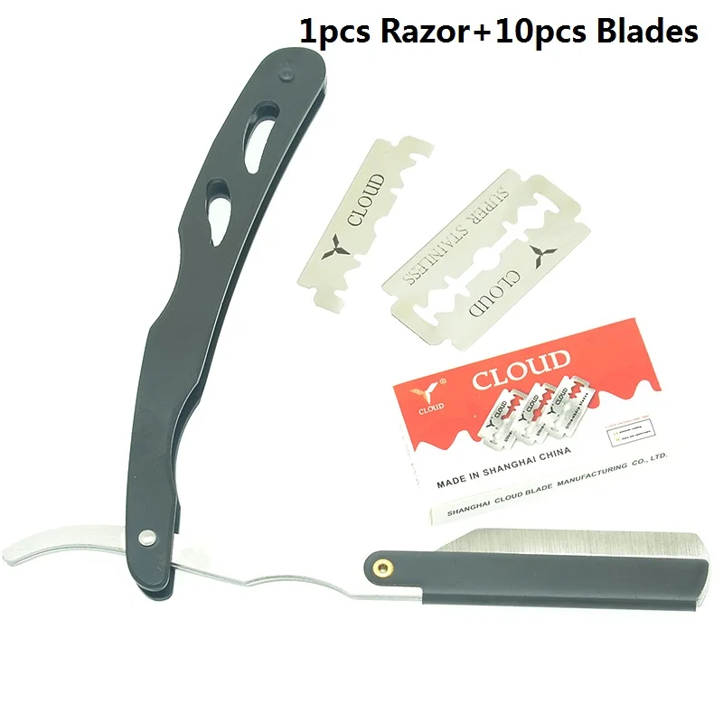 1pcs Razor 10blades 1 шт. мужские инструменты для бритья парикмахерские лезвия для волос античный черный складной нож для бритья из нержавеющей стали прямой бритвенный держатель HC0012 - Цвет: 1pcs Razor 10blades