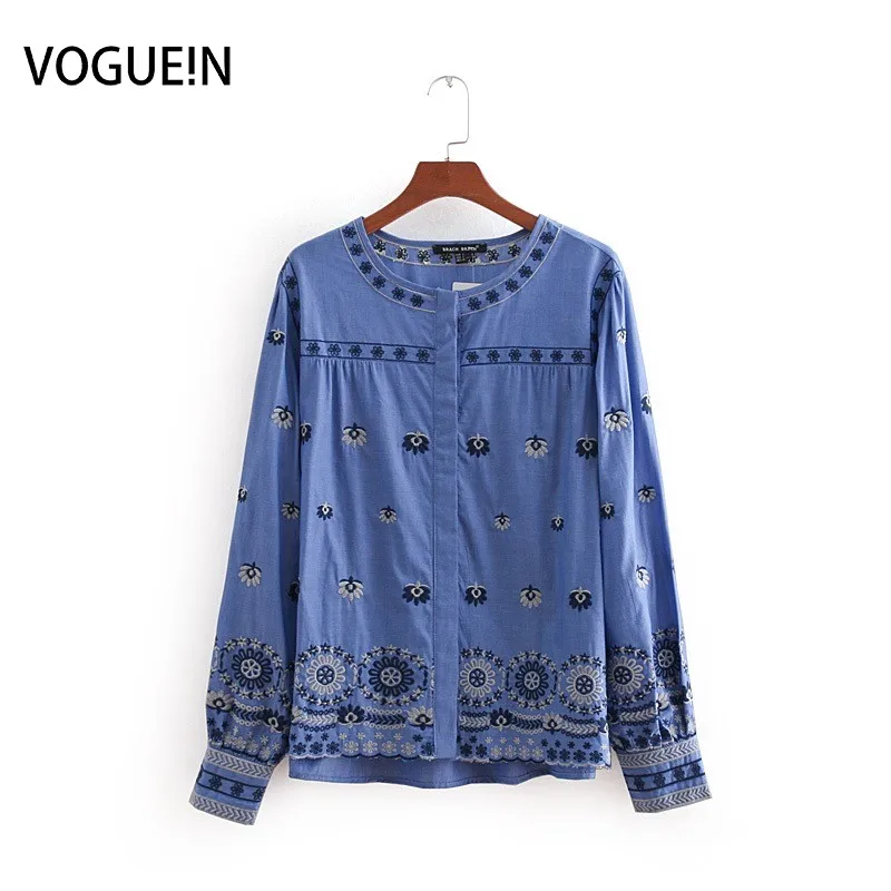 VOGUEIN New Womens Fashion Casual Embroidered Blue Long Sleeve Blouse Tops Shirt Wholesale | Женская одежда
