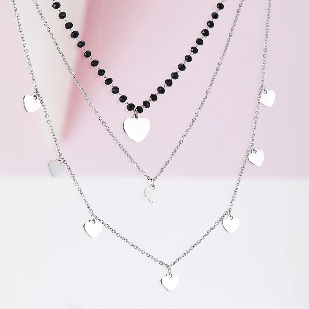 Stainless Steel Layered Necklaces for Women Black Crystal Beads with Heart Pendant Chokers Jewelry 2019 Trendy Female Party Gift | Украшения