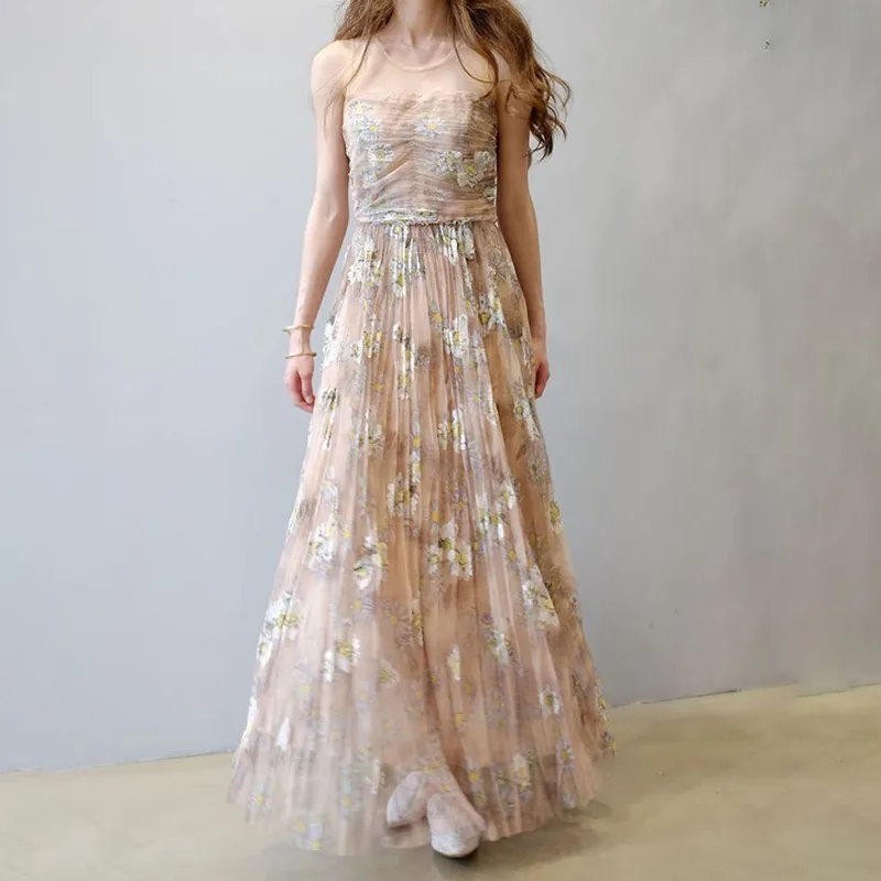 TWOTWINSTYLE Patchwork Print Party Dress For Women Sleeveless High Waist Slim Ankle Length Pleated Dresses Female Summer 2020 | Женская