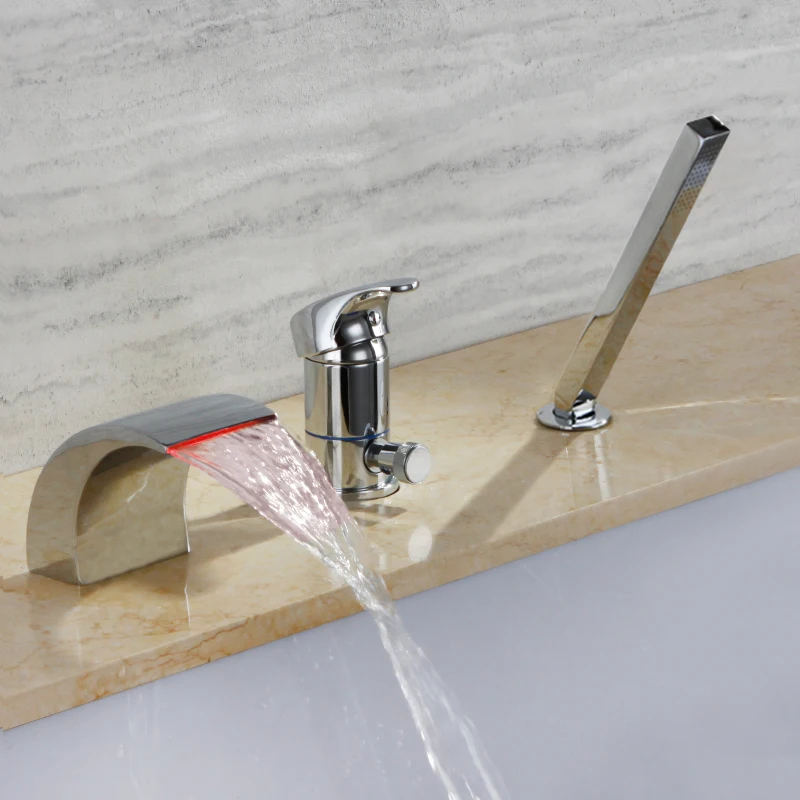 

SKOWLL Bathtub Faucet Waterfall Bathroom LED Brass Deck Mount Bath Tub Faucet Shower, Chrome HG-9106
