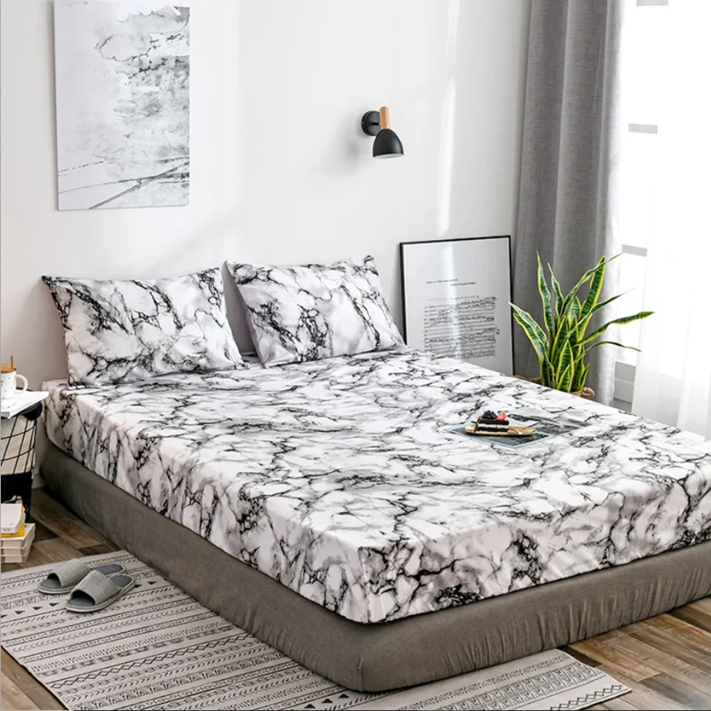 

New Printing Bed Mattress Cover Waterproof Marble print Bedspreads king Pad Fitted Sheet Bed Linens cover bed