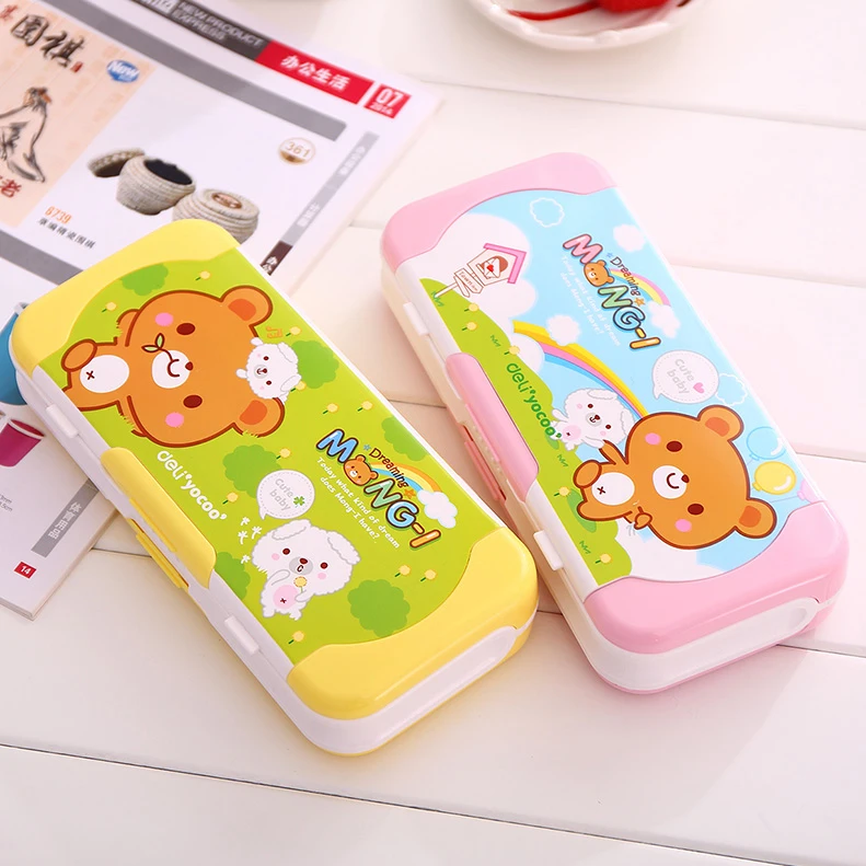 

free shipping Lackadaisical cartoon stationery pencil box child pencil case set 212*102*14mm with 2 triangle, ruler, protractor