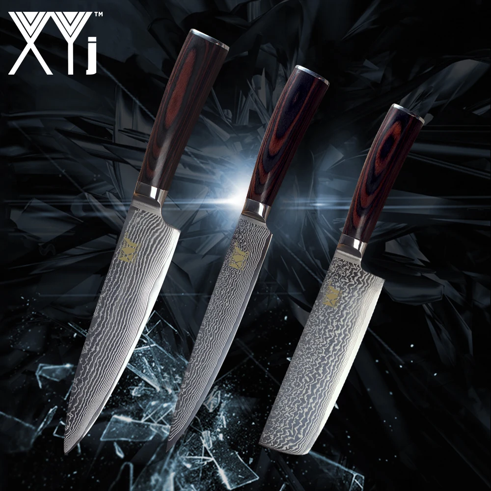 XYj кухонный нож из дамасской стали комплект 3 предметов цветная деревянная ручка