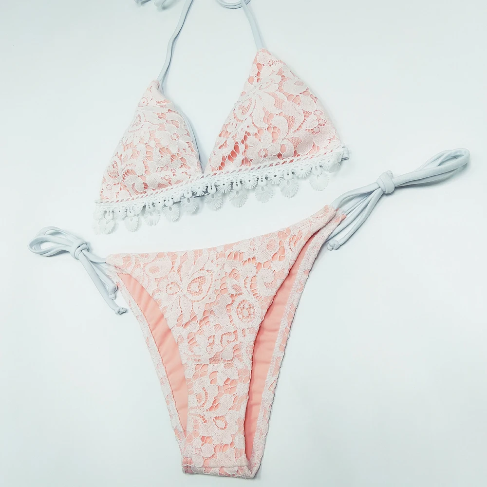 2019 New Sexy Pink Lace Bikini Halter Swimwear Women Swimsuit Thong Bottom Bathing Suit Summer Brazilian Biquini Female |