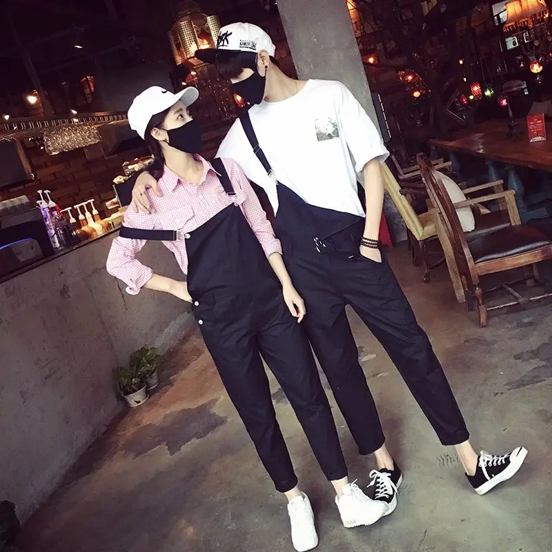 Новое поступление студенческий черный комбинезон шаровары для влюбленных брюки