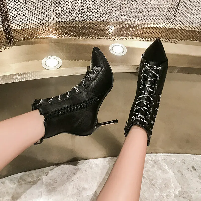 AIWEIYi Fashion Women Ankle Boots High Heels Black Silver Shoes Woman Platform Pumps Lace Up Short Ladies Female | Обувь