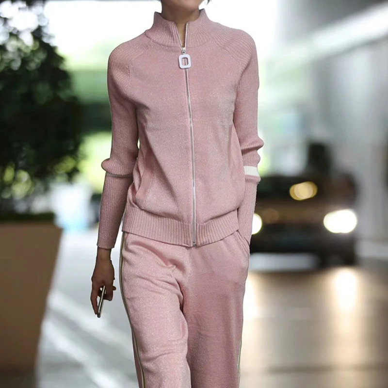 

2021 Striped Stitching Knitted warm Suit High Collar bling bling Sweater + elastic waist Trousers Leisure Two-piece wj1067