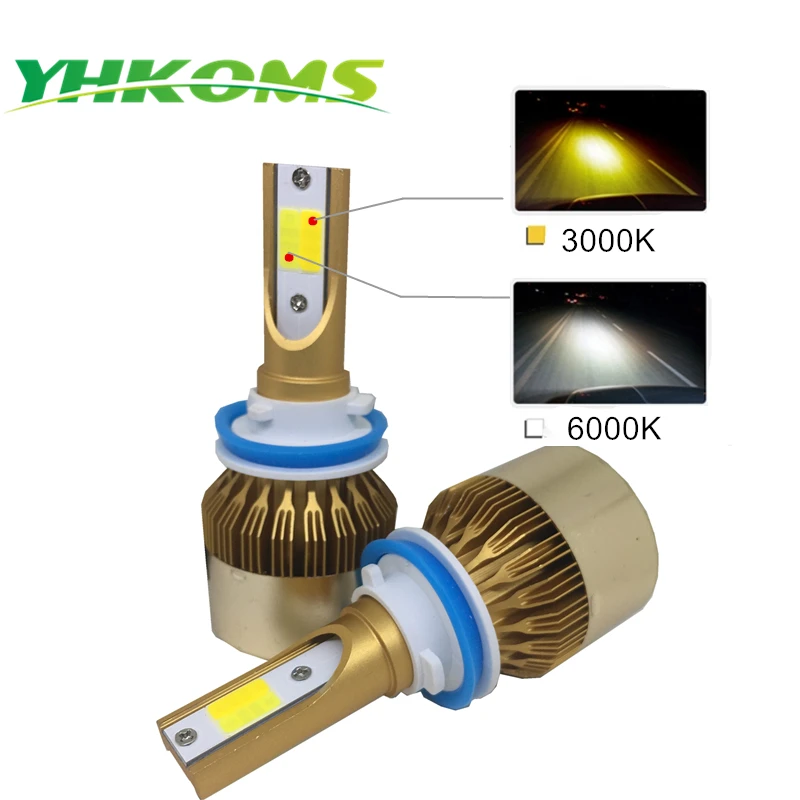 YHKOMS H7 H4 светодиодный лампы H1 H3 H8 H11 HB3 HB4 светодиодный головной светильник комплект 3000 К 6000 9600LM двойной Цвет Автомобильный светодиодный светильник фары 12V