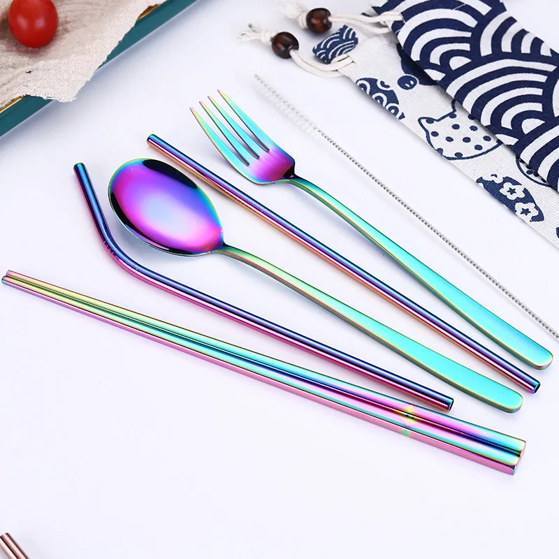 Stainless Steel Dinnerware Set Spoon Fork Chopsticks Straw With Cloth Pack Cutlery For Travel Outdoor Office Picnic BBQ | Дом и сад