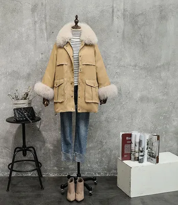 khaki down coat Натуральный Лисий мех воротник и lsleeve пуховик для женщин Зимний khai желтый красный бежевый розовый черный зеленый длинный пуховик - Цвет: khaki down coat