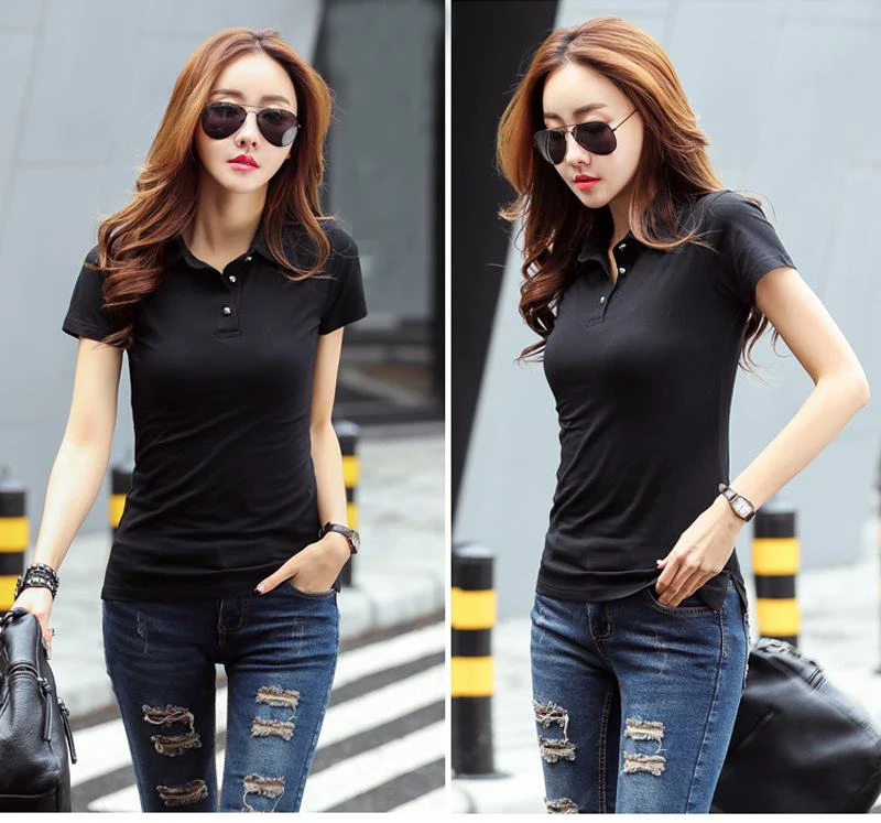 Женская рубашка поло с коротким рукавом лето 2018 сплошной цвет хлопок