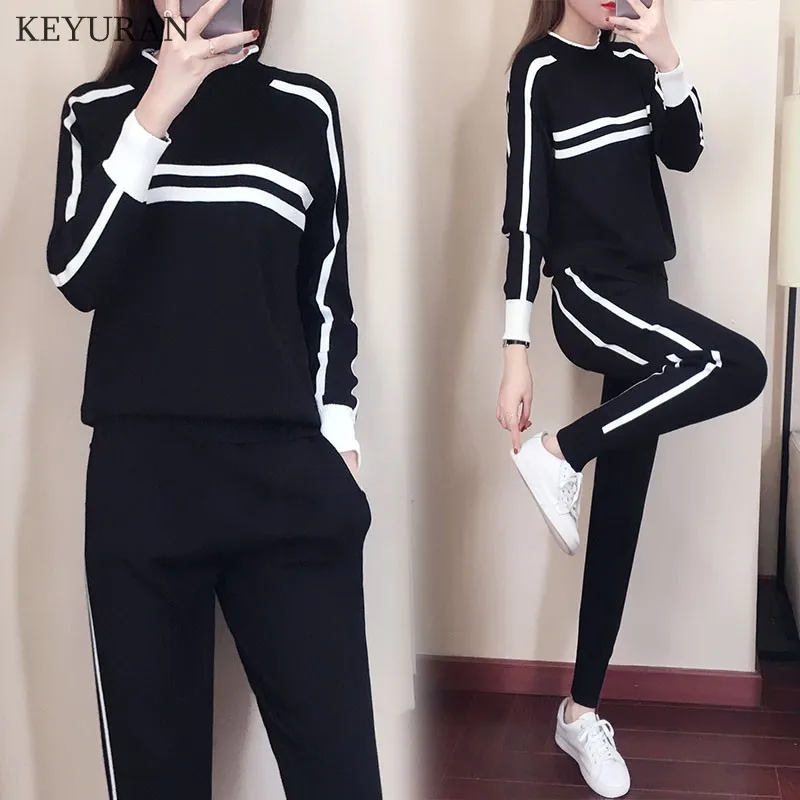 Женский трикотажный спортивный костюм Повседневный свитер и брюки в полоску