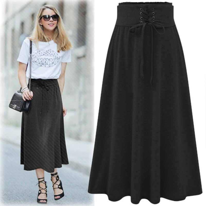 

Solid Long High Waist Skirt Women Drawstring Bow Casual Skirts For Ladies #170429