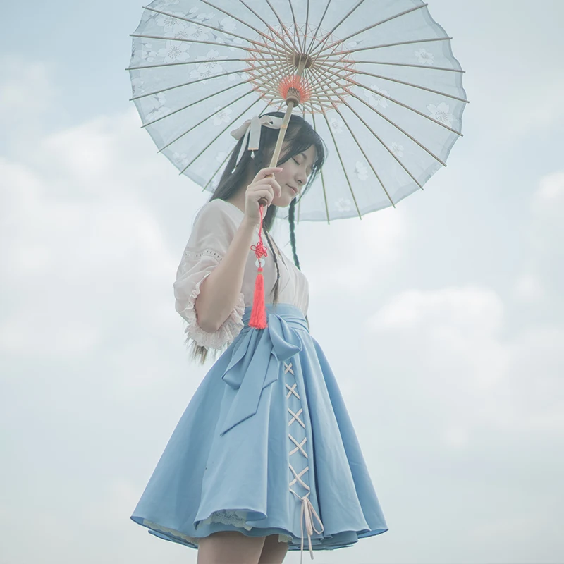 "Дождь" Китайский Стиль «Mori Girl», 2 предмета в комплекте Hanfu платье розового и голубого цвета с перекрестной шнуровкой шифоновое платье и майка на бретелях элегантный