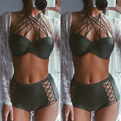 

Sumnmer Women Sexy Push up Swimwear Black Hollow Out Padded Lace Bikini Set High Waist Swimsuit Bathing
