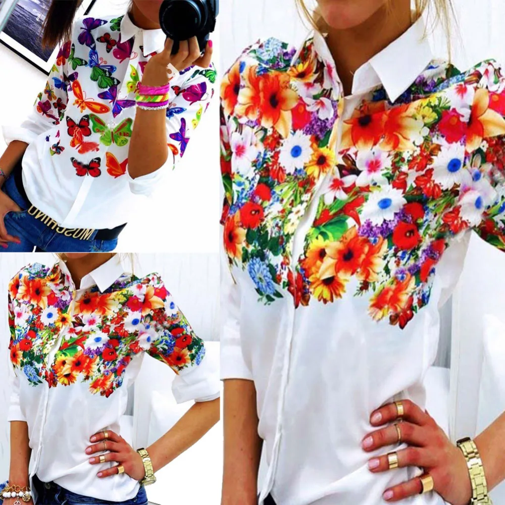 2016 женские блузки рубашки отложной воротник Цветочная блузка с длинным рукавом
