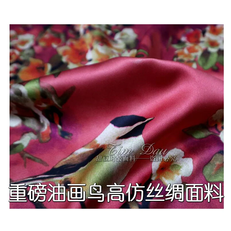 

2018 new simulation silk cloth spring and summer heavyweight painting bird printing fabric high-grade silk cheongsam