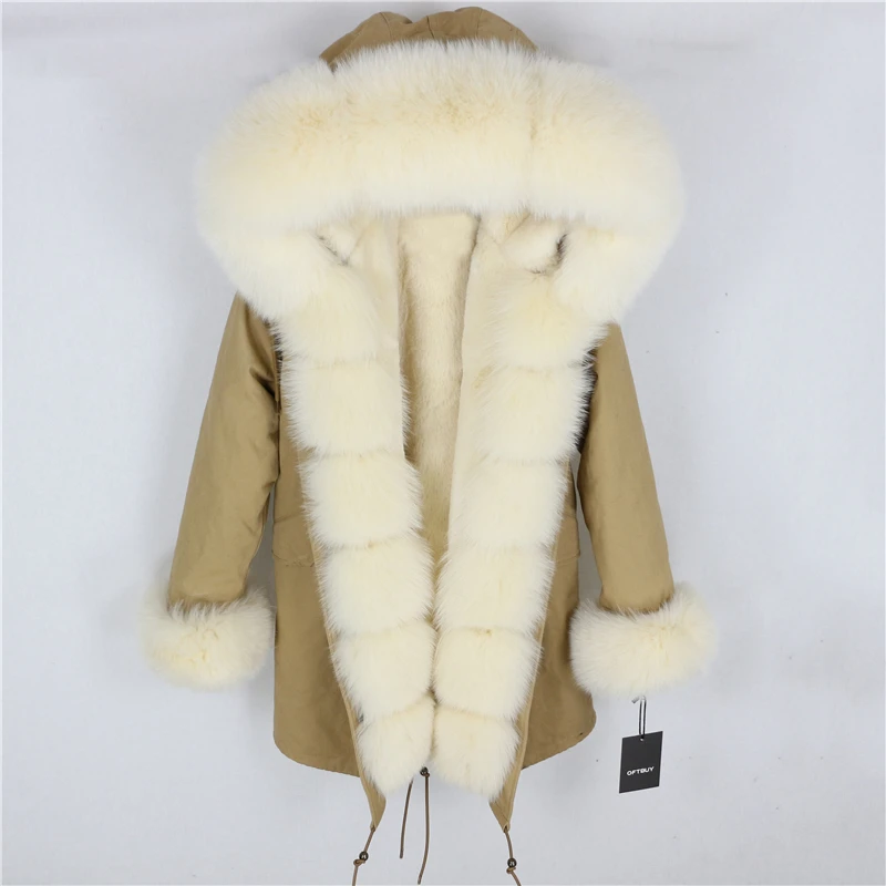 beige beige Brand Real Fur Coat Fashion Winter Jacket Women Natural Real Fox Fur Collar Loose Long Parkas Big Fur Outerwear Detachable - Цвет: beige beige