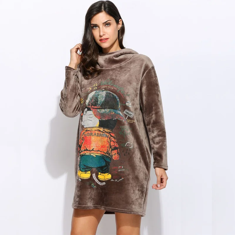 Casual Women Loose Long Sleeve Hooded Cartoon Printing Lint Dress | Женская одежда