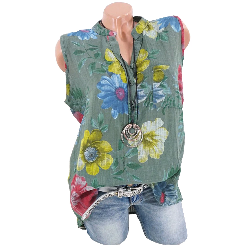 Fashion Summer Plus Size Flower Leaves Print Women Stand Collar Sleeveless Tank Top Vest | Женская одежда