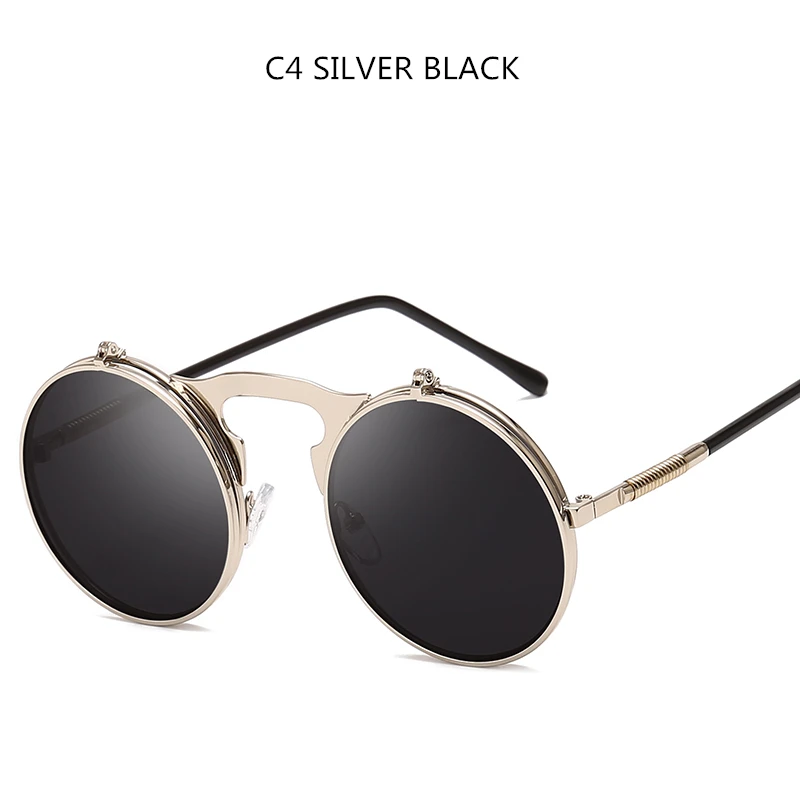 Стимпанк Солнцезащитные очки круглые металлические солнцезащитные очки для женщин стиль Ретро Флип Круглые двойные металлические солнцезащитные очки для мужчин - Цвет линз: Silver Black