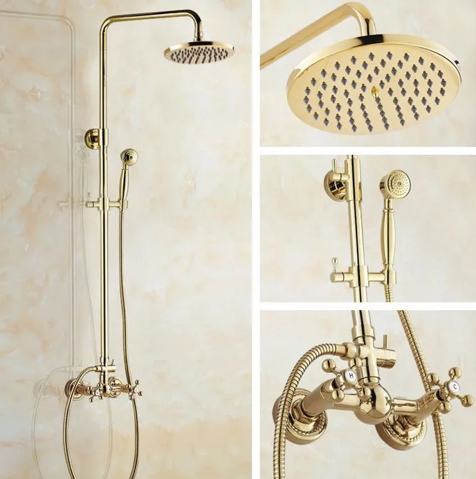 

Luxury Polished Gold Color Brass Dual Cross Handles Bathroom 8" Inch Round Rainfall Shower Faucet Set Bath Mixer Tap mgf324