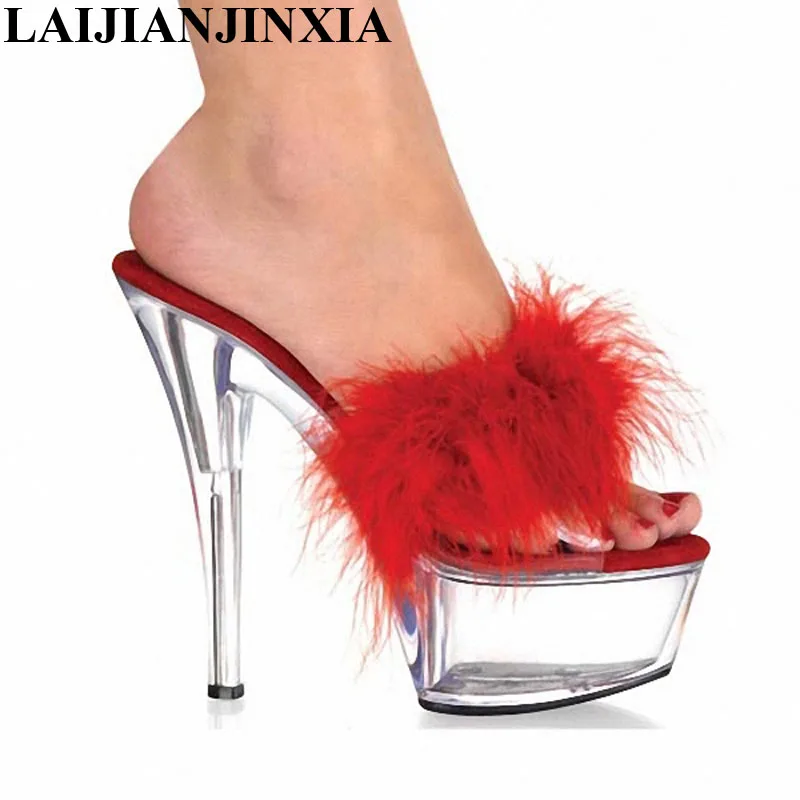 

LAIJIANJINXIA New Sexy Crystal 15CM Super High Sexy Feather Design Super Slippers Platforms heels lady 6 inch high heel Shoes