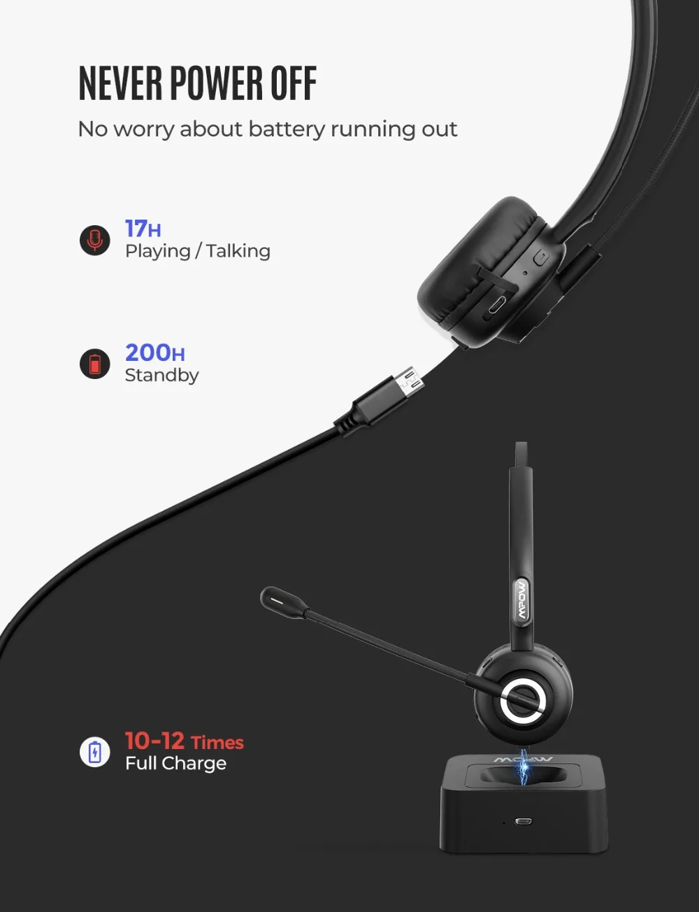 Mpow TH1 Bluetooth Беспроводные наушники с зарядной док-станцией для водителя колл-центра сотовых телефонов 17 часов в режиме разговора функция отключения звука