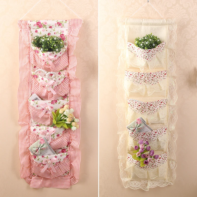 3/5 Pockets Vintage Pastoral Hanging Storage Bag Fabric Polyester Lace Elegant Flower Cosmetic Organizer Pouch Home Decor