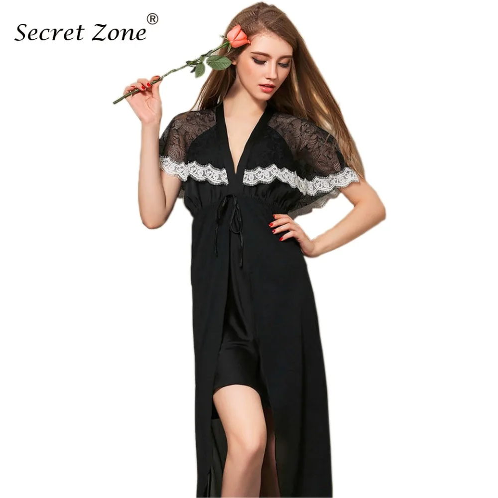 Secret Zone Patch Sexy Lace Long Section Women Nigthgown cloak Short Sleeve Deep V Nightdress Elegant Female Sleepwear | Женская одежда
