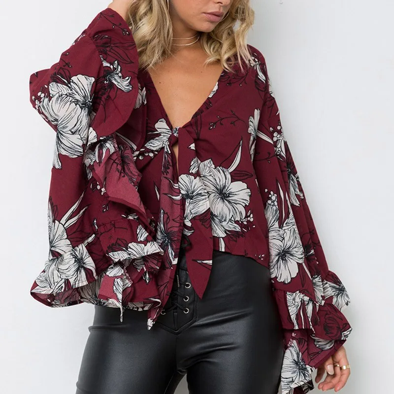 Женские летние топы с V образным вырезом и расклешенными рукавами повседневная