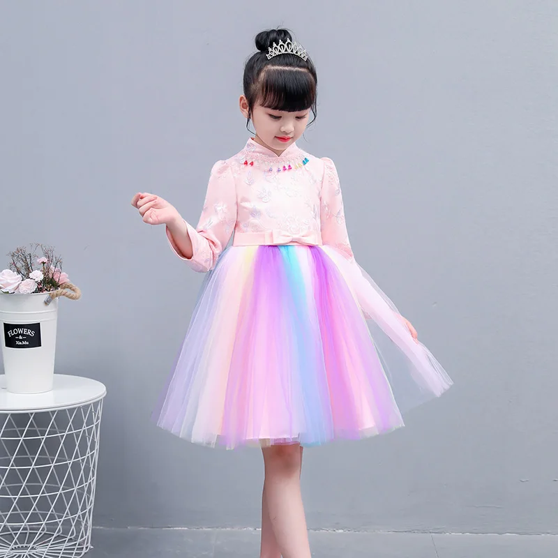 Fairy rainbow dress girls party kids elegant beautiful teens long sleeve fall winter modern qipao wedding little princess | Детская