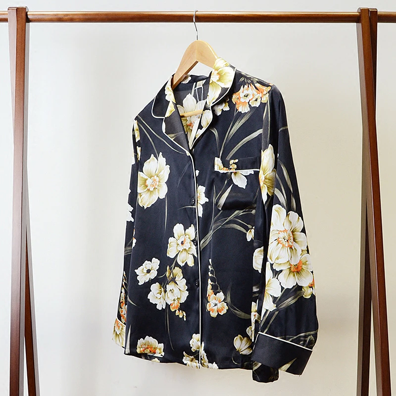 Pajamas Women Robe Sets 100% Silk Printed Fabric Sleepwear Two Pieces Set Turn-down Collar Elastic Waist Nightgown Suits