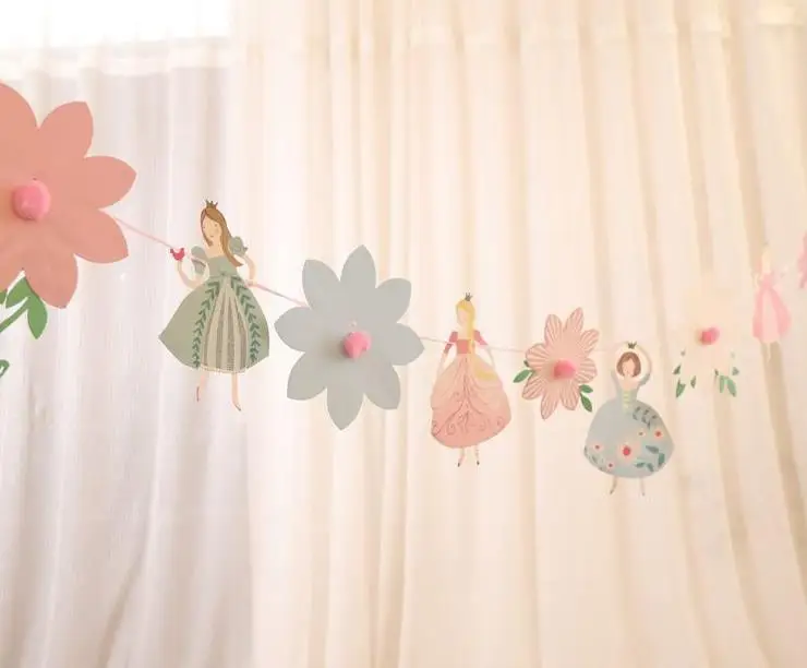 

Flower Fairy Princess Children's Birthday Party Paper Flag Banner Decoration Tale Theme wedding Hen Party Bunting Decor favors
