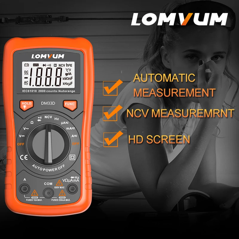 Lomvum DM33D Цифровой мультиметр 6000 отсчетов подсветка AC/DC Амперметр Вольтметр Ом