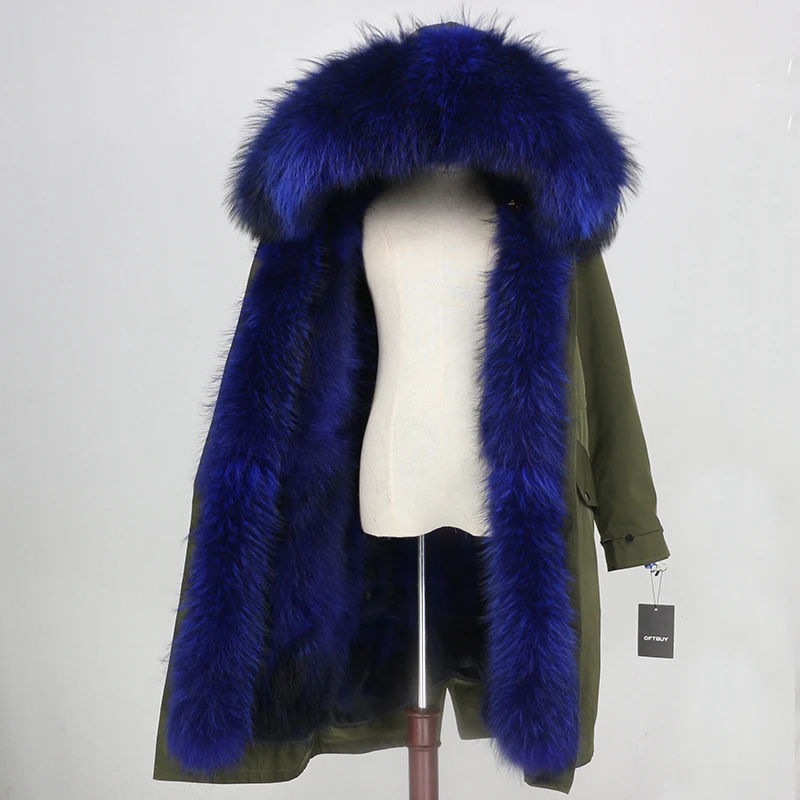 green blue Верхняя одежда из водонепроницаемой ткани OFTBUY, длинная парка, зимняя куртка, женская шуба из натурального Лисьего меха, воротник из натурального меха енота, капюшон, уличная одежда - Цвет: green blue