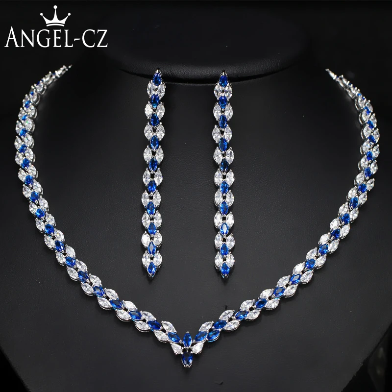 

ANGELCZ Marquise Blue CZ Stone Luxury Royal Jewelry Leaf Necklace Sets For Women Wedding Bridal Party Costume Accessories AJ125
