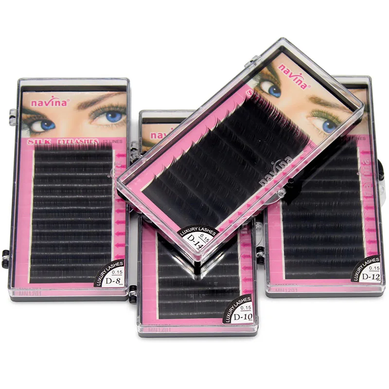 Navina Wholesale 40 cases/Lot (8/10/12/14mm) D Curve 0.15 Thickness Silk Eyelash Extension Artificial Fake False Lash Eyelashes