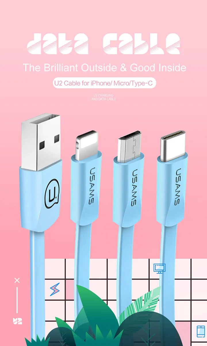 Кабель Micro USB для зарядки и передачи данных для iPhone, USAMS type-C кабель для iPhone X 8 7 plus светильник USB 2A плоский кабель для мобильного телефона