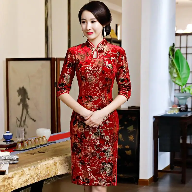 Плюс размеры S-5XL по колено Cheongsam винтаж китайский стиль платье Весна Женские Велюр Qipao Тонкий платья для вечеринок и пуговицы Vestido - Цвет: Красный