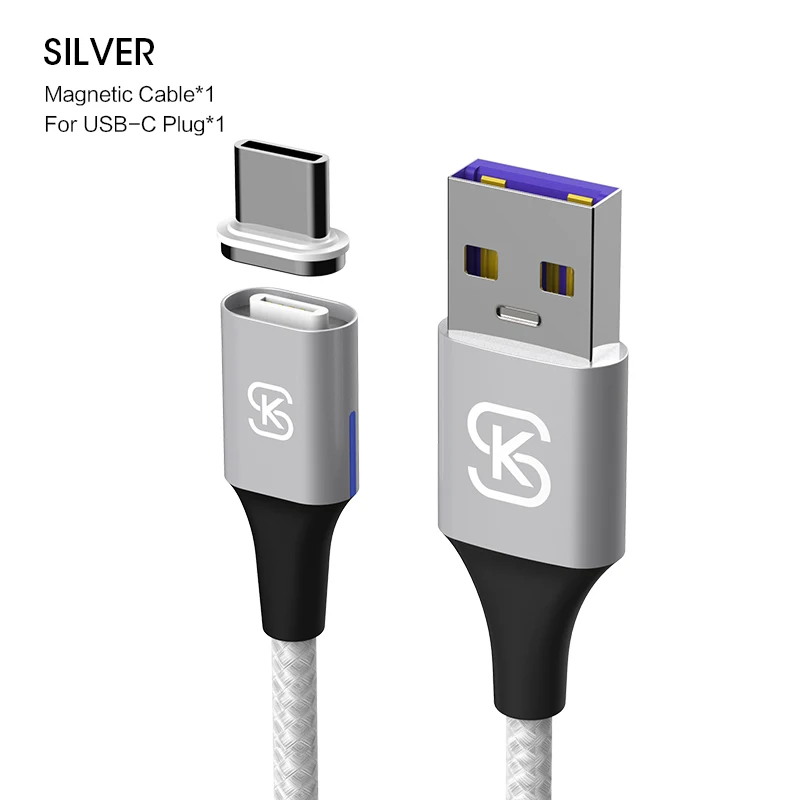 silver cable type c Автомобильные магнитные usb-кабели для зарядки 5A Type C, супер быстрый QC 4,0 для Huawei p20 lite plus Huawei Mate 20 Pro Honor 10 phone SIKAI - Цвет: silver cable type c