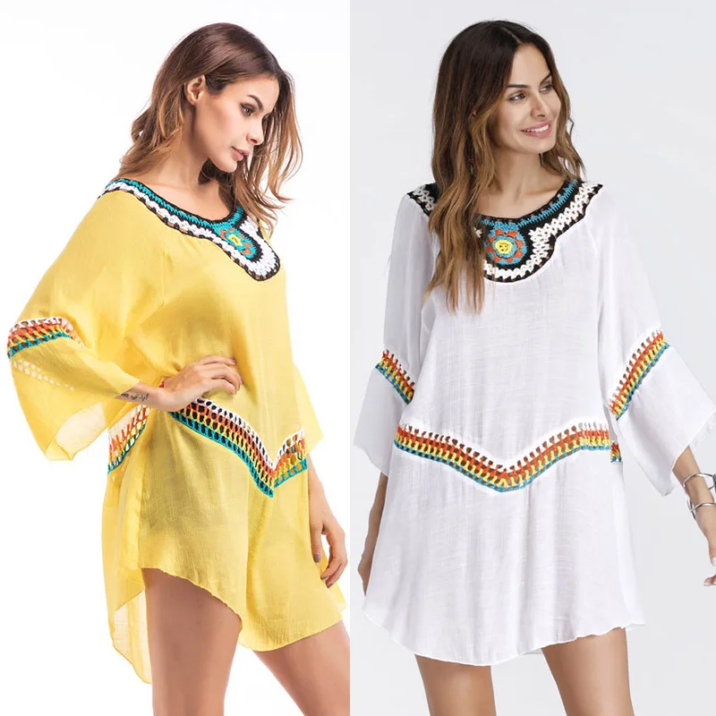 2019 Пляжная накидка Летняя туника для пляжа красочный цветочный вырез с крючком