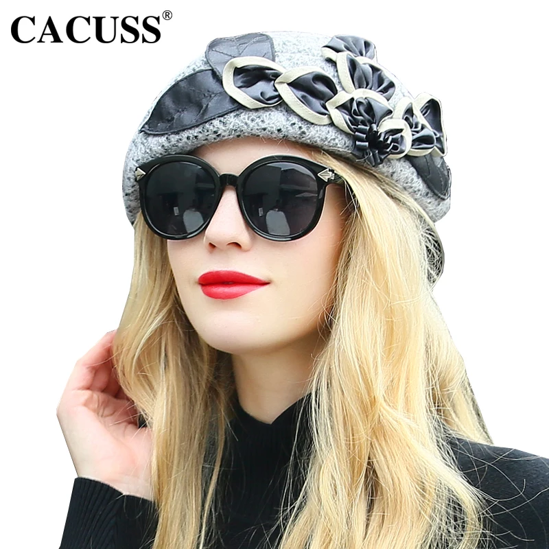 CACUSS Elegant Women Wool Cap Fedoras Female Winter Warm Floral Flet Hats Party Berets Chapeau Femme | Аксессуары для одежды