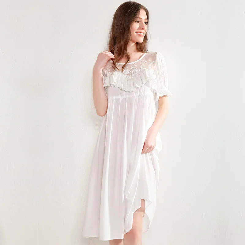 

Princess Nightdress Female Summer Cotton Silk Sweet Lovely Lace Thin Short Sleeve Nightgowns White Woman's Sleepwear D181214