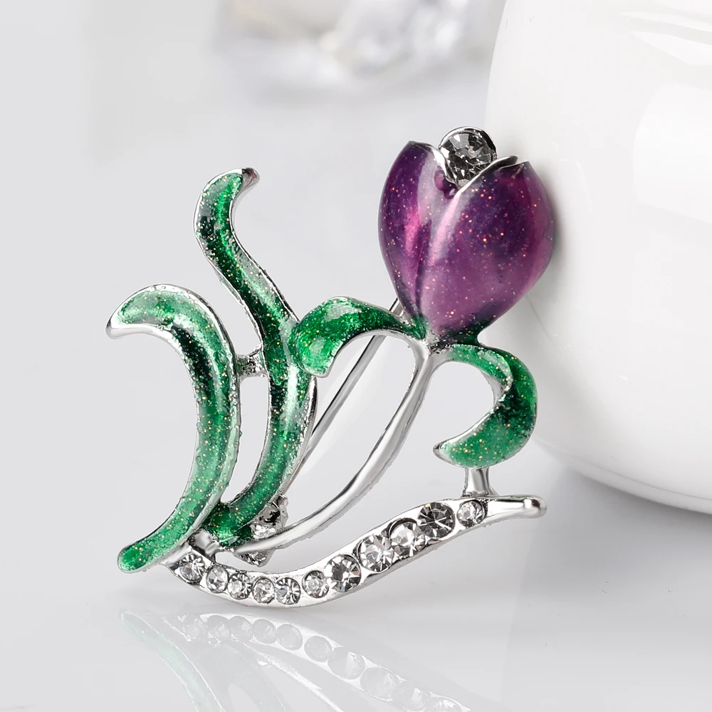 Danbihuabi Эмаль Фиолетовый цветок зеленый лист Красный Rhinestone Броши Для женщин