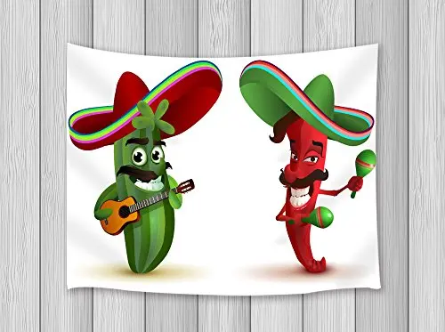 Cartoon Decor Tapestry Cosmetic Cactus Dance With Mexican Hat Musical Instrument Guitar And Shakeree Designed PrintWall Art | Дом и сад