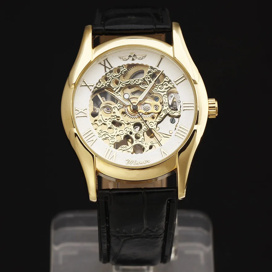 Новые роскошные Брендовые мужские черные часы с кожаным ремешком золотые резным